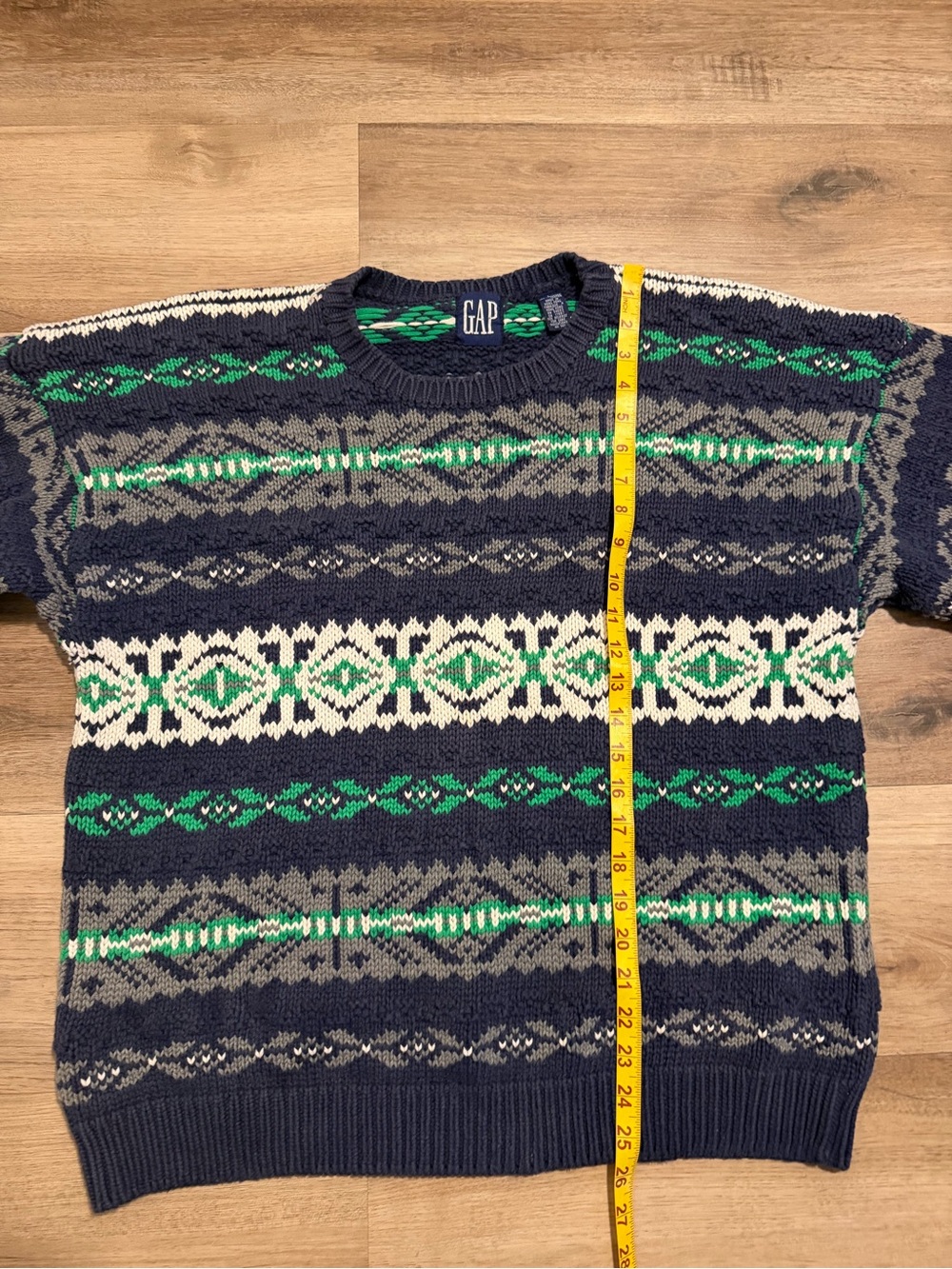 Vtg GAP Fair Isle Chunky Knit Sweater Men's L Blue Green 100% Cotton Crewneck - Picture 6 of 8